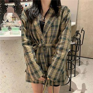 Tie-waist Plaid Coat Green - One Size