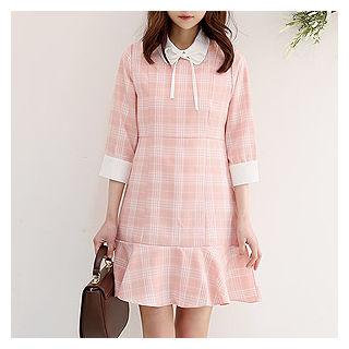 Peter Pan-collar Plaid Dress With Tie