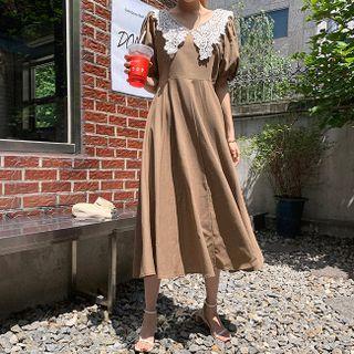 Puff-sleeve Crochet-collar Dress