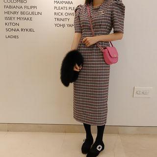 Puff-sleeve Pattern Midi Dress Black - One Size