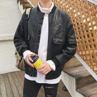 Stand Collar Faux-leather Zip Jacket