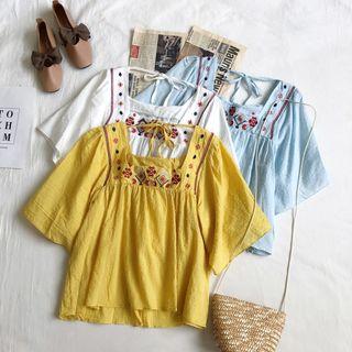 Short-sleeve Embroidered Square Neck Top