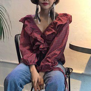 Ruffle Trim Plaid Cropped Blouse