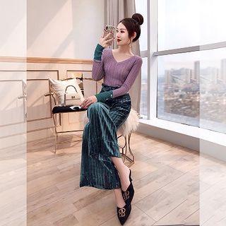 Set: Long-sleeve Knit Top + Velvet Wide-leg Pants