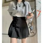 Long-sleeve Asymmetrical Cropped Top / Pleated Mini Skirt