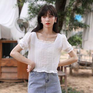 Balloon-sleeve Ribbed Blouse