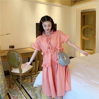 Short-sleeve Frill Trim A-line Dress Pink - One Size