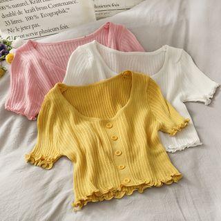 Buttoned Ruffled-trim Crop Knit Top In 6 Colors