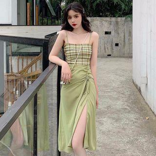 Strappy Plaid Panel Midi Dress As Shown In Figure - One Size