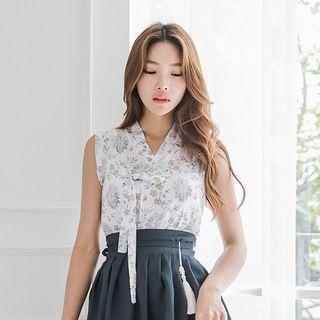 Sleeveless Midi Skirt Hanbok Set (floral / Charcoal Gray)