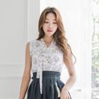 Sleeveless Midi Skirt Hanbok Set (floral / Charcoal Gray)