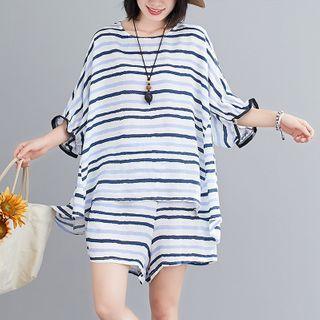 Set: Batwing-sleeve Striped T-shirt + Shorts