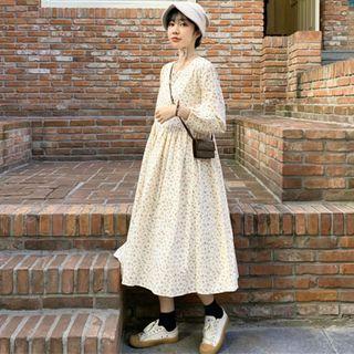 Floral Print Long-sleeve Midi A-line Dress 8501 - As Shown In Figure - One Size