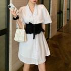 Elbow-sleeve Plain Shirt Dress White - One Size