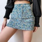 Corduroy High-waist Blue Floral A-line Skirt