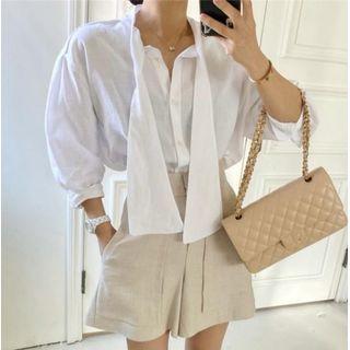 3/4 Sleeve Tie Neck Shirt / Wide Leg Shorts
