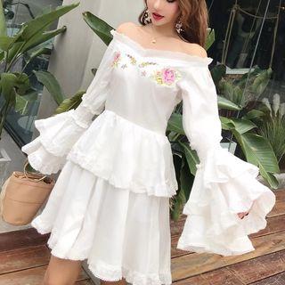 Off-shoulder Bell-sleeve Layered A-line Dress