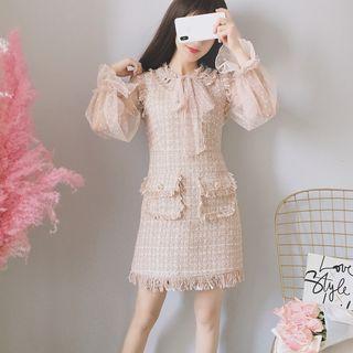 Set: Dotted Long-sleeve Blouse + Tweed Pinafore Dress