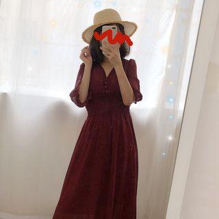 V-neck Lace-trimmed Sleeve Polka Dot Dress