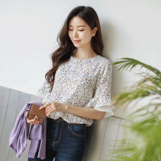 Layered Elbow-sleeve Floral Chiffon Blouse