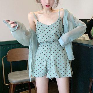 Long-sleeve Light Cardigan / Sleeveless Polka Dot Top + Polka Dot Skirt