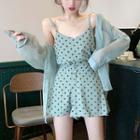 Long-sleeve Light Cardigan / Sleeveless Polka Dot Top + Polka Dot Skirt