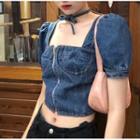 Short-sleeve Square-neck Denim Cropped Top