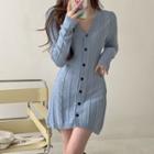 Long-sleeve Button-up Knit Dress Grayish Blue - One Size