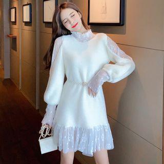 Long-sleeve Mock-neck Mesh Panel Mini A-line Dress