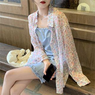 Spaghetti Strap Ruffled A-line Mini Dress / Long-sleeve Floral Print Chiffon Shirt