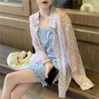 Spaghetti Strap Ruffled A-line Mini Dress / Long-sleeve Floral Print Chiffon Shirt
