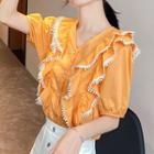 Short-sleeve Ruffled Crochet Trim Blouse