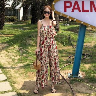 Pleated Floral Print Jumpsuit Beige - One Size