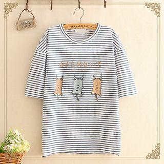 Cat Print Striped Short-sleeve Top