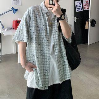 Floral Gingham Elbow-sleeve Shirt