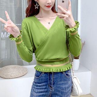 Ruffle Trim V-neck Crisscross Striped Top