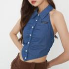 Sleeveless Polo-collar Lace-up Ruched Halter Top