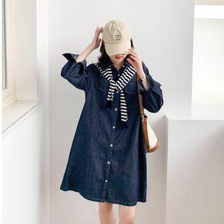 Washed Denim Button-up Mini Shirtdress Denim Blue - One Size