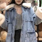 Color-block Single-breasted Lace-up Denim Coat As Shown In Figure - One Size