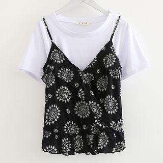 Set: Short-sleeve T-shirt + Print Spaghetti-strap Top