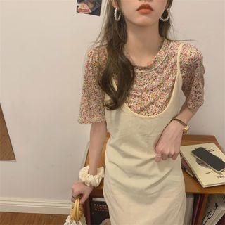 Short-sleeve Flower Print T-shirt / Drawstring Midi Overall Dress