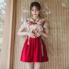 Short-sleeve Mini Skirt Hanbok Set (floral / Red)