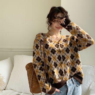 V-neck Argyle Cardigan Brown - One Size