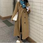 Long-sleeve Toggle Plain Woolen Coat Khaki - One Size