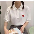 Elbow-sleeve Embroidered Heart Polo Shirt