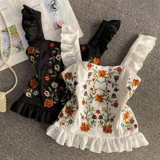 Floral Embroidered Ruffled Crop Tank Top