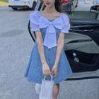 Short-sleeve Bow Accent Denim Mini A-line Dress
