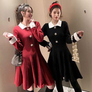 Rhinestone Collared A-line Mini Knit Dress