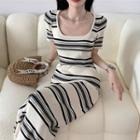 Short-sleeve Striped Midi Sheath Dress Striped - Black & White - One Size