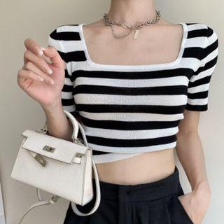 Square-neck Striped Cropped T-shirt
